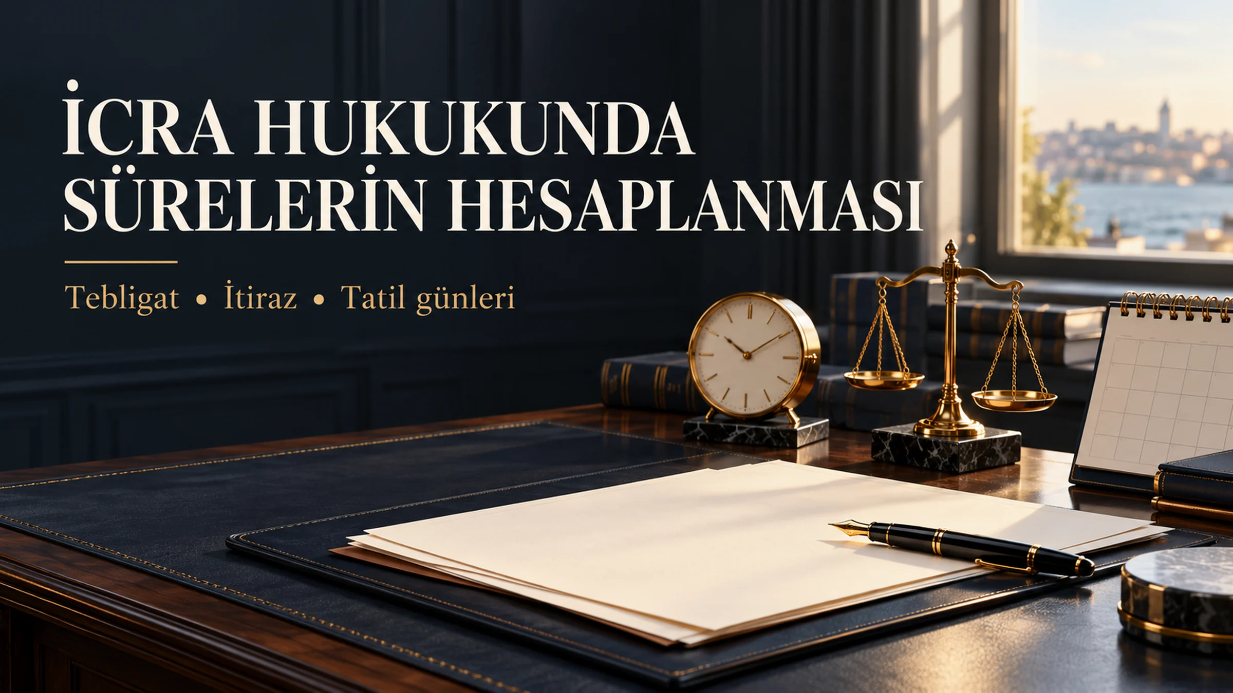 İcra hukukunda sürelerin hesaplanması başlığı yanında masa takvimi, saat ve hukuk belgeleri