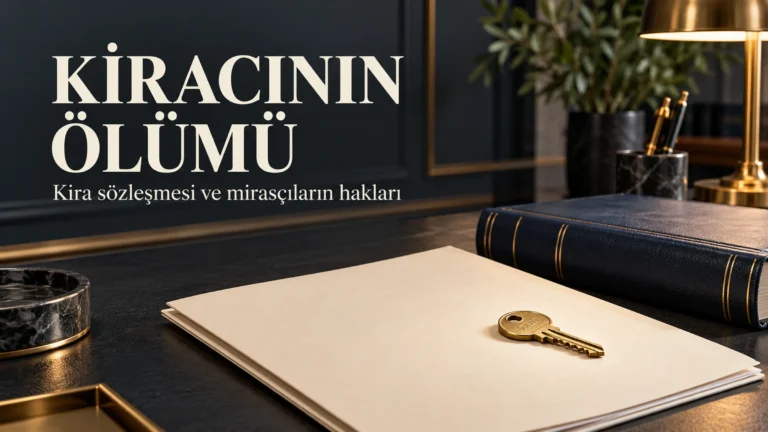 Kiracının ölümü başlığı, boş kira dosyası üzerinde anahtar ve lacivert hukuk kitabı