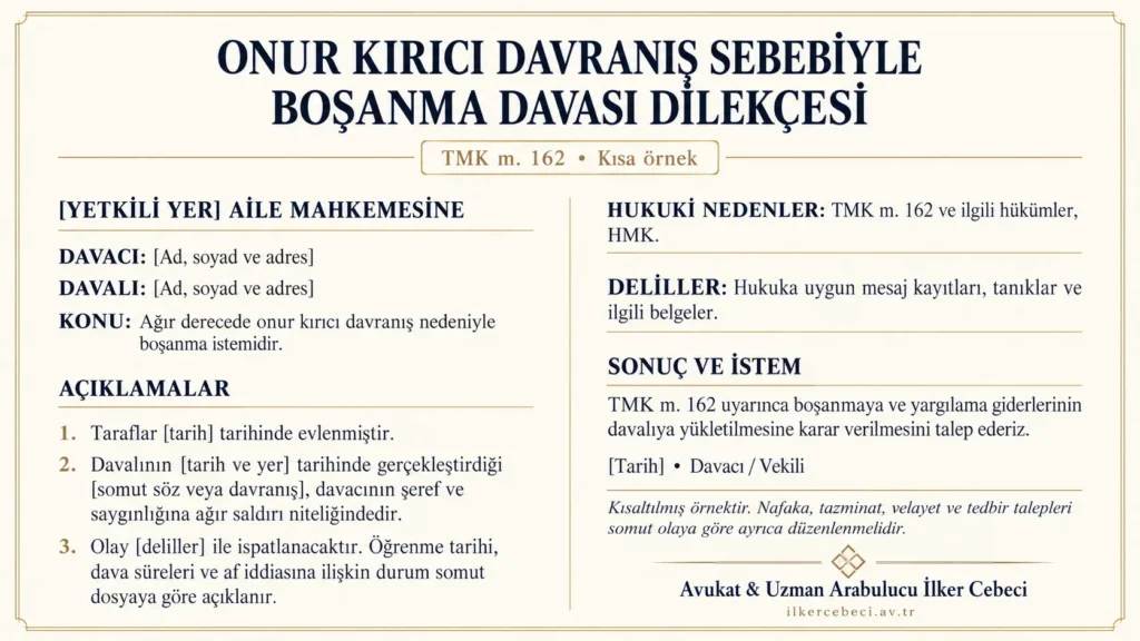 TMK 162 onur kırıcı davranış sebebiyle boşanma davası için kısa dilekçe örneği