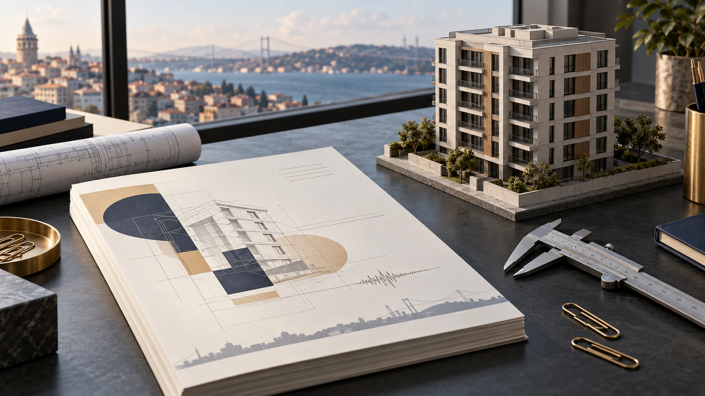 Riskli yapı incelemesini temsil eden mühendislik raporu, apartman maketi ve ölçüm aleti