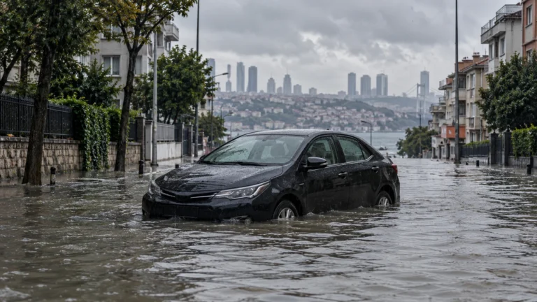 Yağışlı İstanbul şehir dokusunda su baskınına maruz kalan otomobilin temsili görünümü