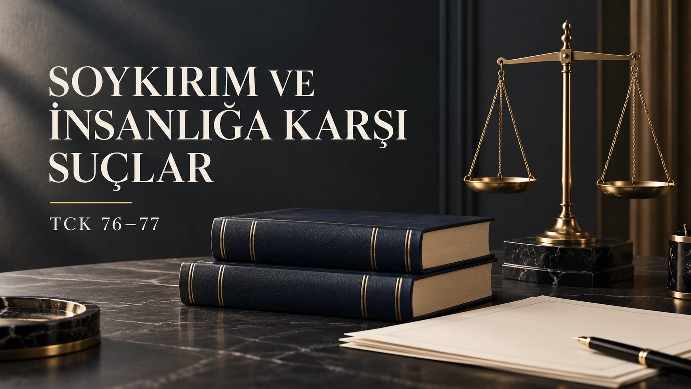 Soykırım ve insanlığa karşı suçlar başlığı, lacivert hukuk kitapları ve sade adalet terazisi